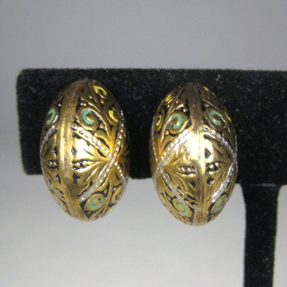 Earrings CLIP ON Imitation Toledo Damscene Goldtone Vintage Spain Button Byzanti